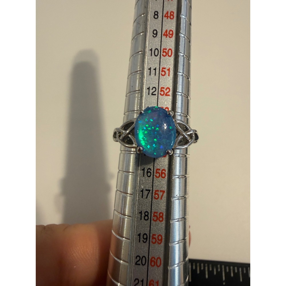 Blue Lab Created Opal Ring Sterling Silver Celtic Knot Solitaire‎ Size 6.75